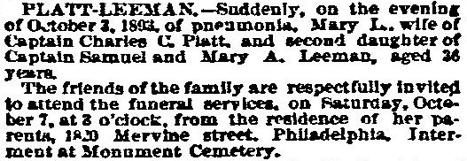 Mary Leeman Platt's 1893 Obituary