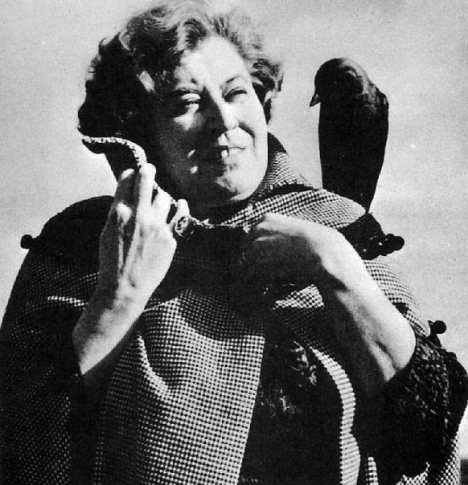 Sybil Leek with her constant crow companion